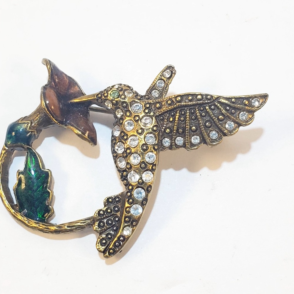 Vintage Brass Tone Metal Enamel Clear Rhinestones Hummingbird Flower Brooch Pin